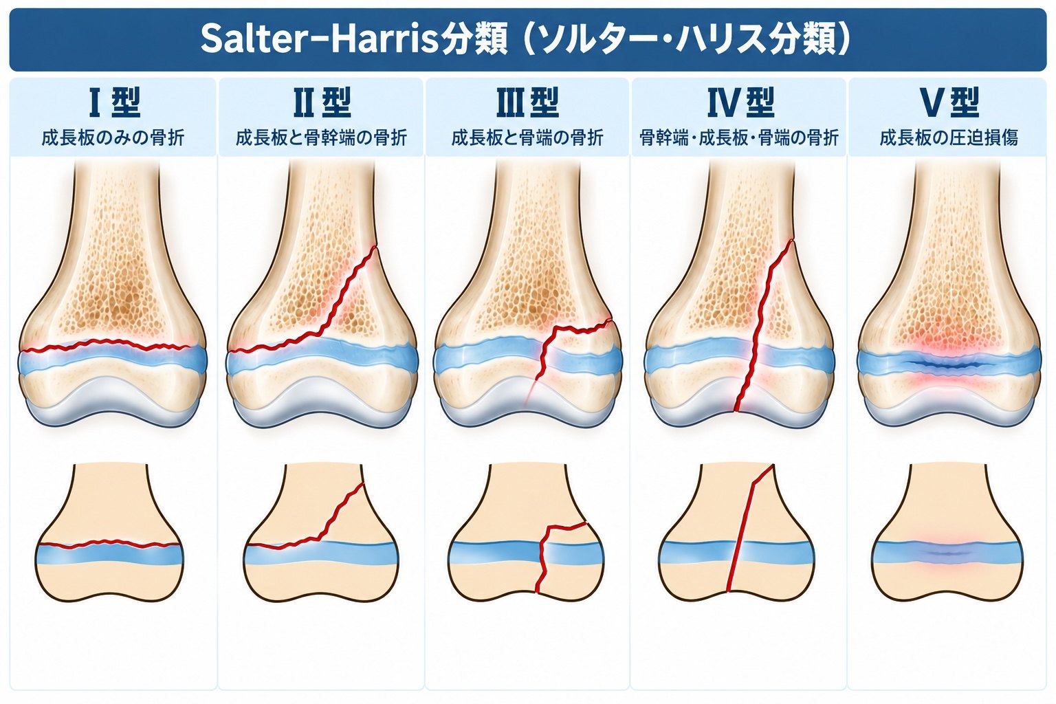 Salter–Harris分類(ソルター・ハリス分類)I型〜V型の図
