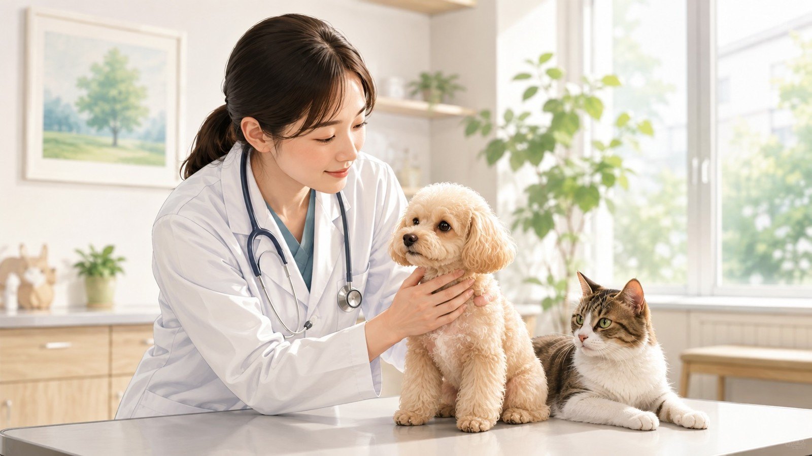 獣医師が犬と猫を診察する様子