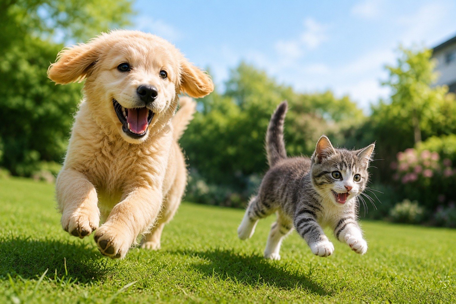 草原を走る犬と猫